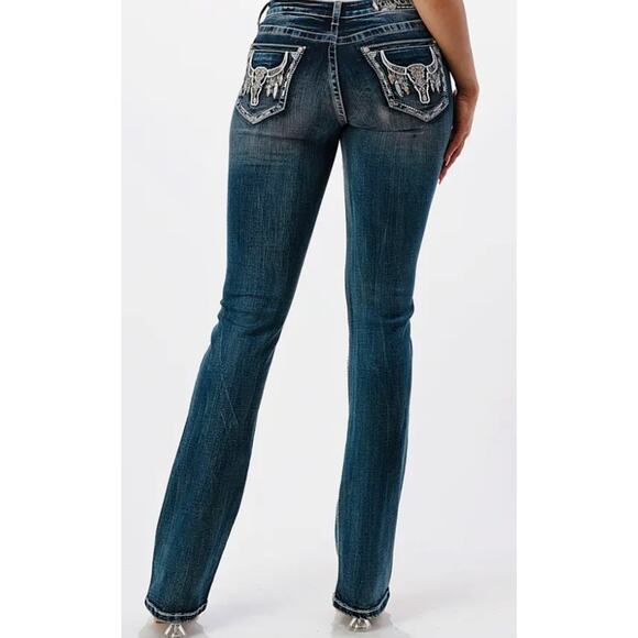 Grace In La Steer Head Modify Midrise Bootcut Jeans Sz 28 Embroidery 34"Long NEW - Picture 2 of 4